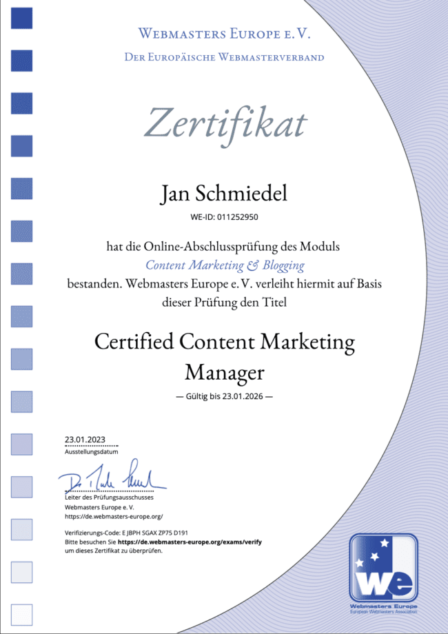 Content Marketing Manager Zertifikat